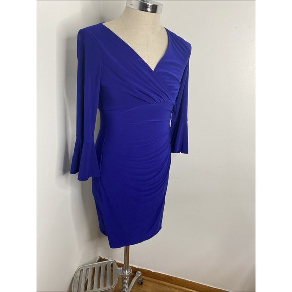 Ralph Lauren Dress Royal Blue 8 Ruched Side V Neck Wiggle Midi 3/4 Ruffle Sleeve - Picture 3 of 8
